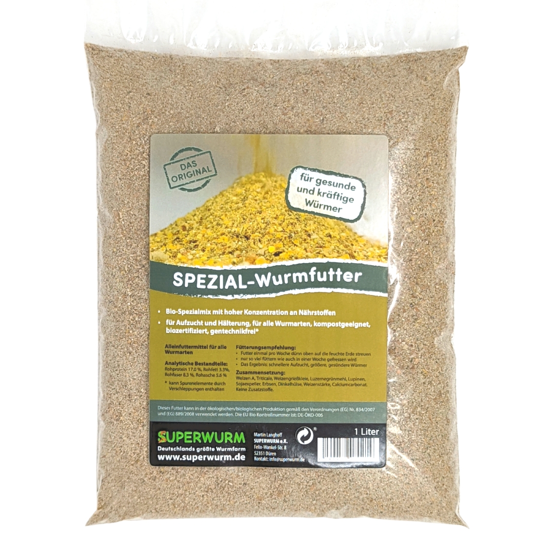 Hochwertiges Fertigfutter für Angelwürmer auf Getreidebasis.